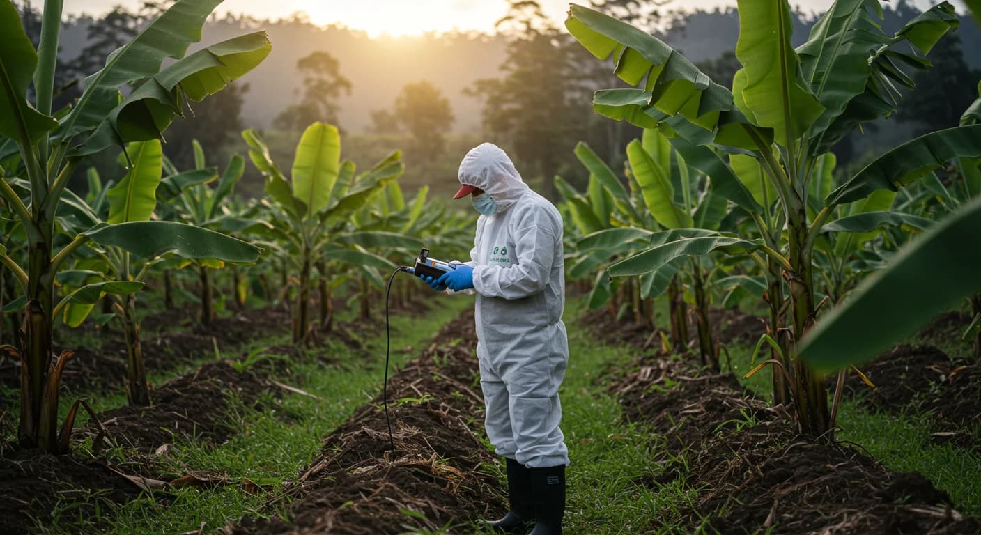 Tecnico de Agrocalidad revisando plantacion de banano en El Oro Ecuador por Fusarium TR4