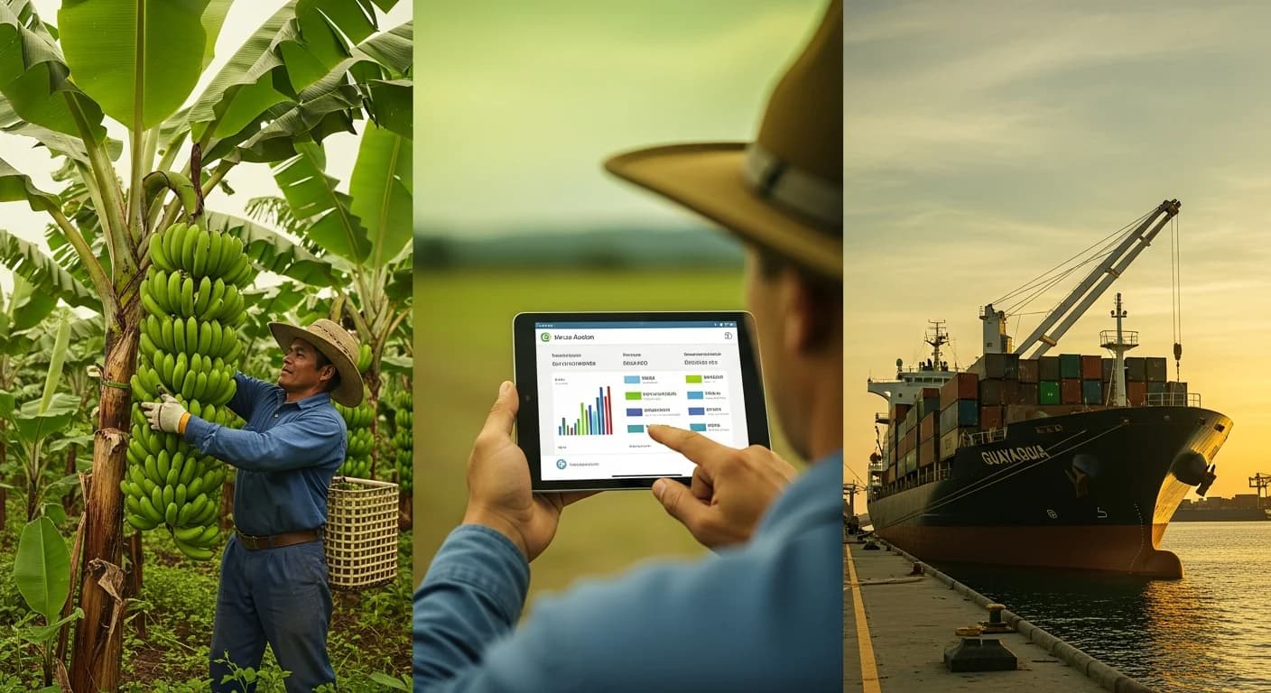 Cadena productiva del banano ecuatoriano: cosechador en plantación El Oro, productor consultando subasta digital en tablet y puerto de Guayaquil al atardecer — proceso BananaAction con PMS garantizado y pago SPI directo