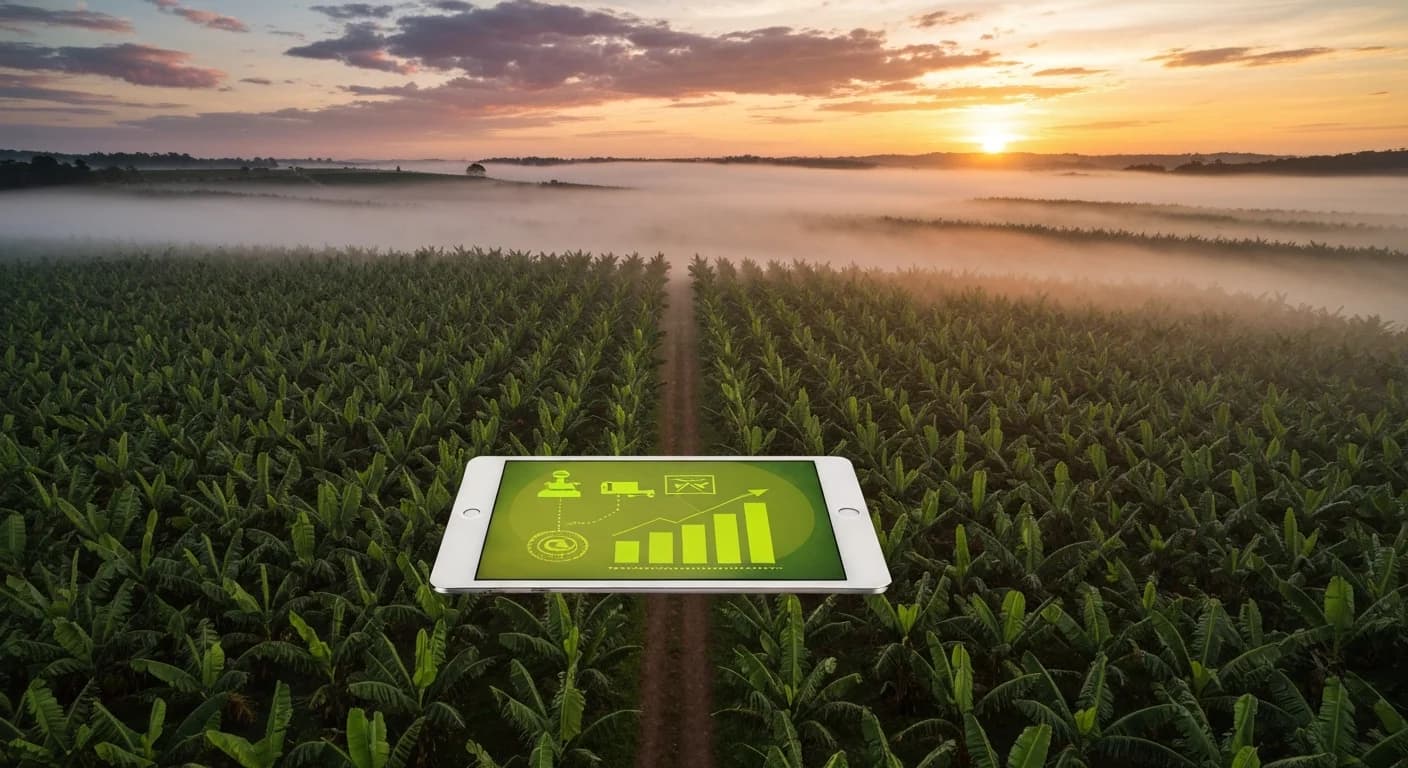 Vista aérea de plantación de banano en Ecuador al amanecer simbolizando la construcción de BananAction — mercado premier de subastas entre productores y exportadores