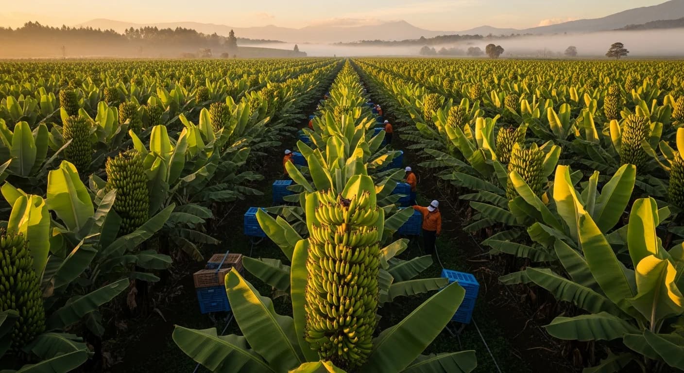 Plantación de banano Cavendish en El Oro Ecuador al amanecer con trabajadores cosechando para exportación