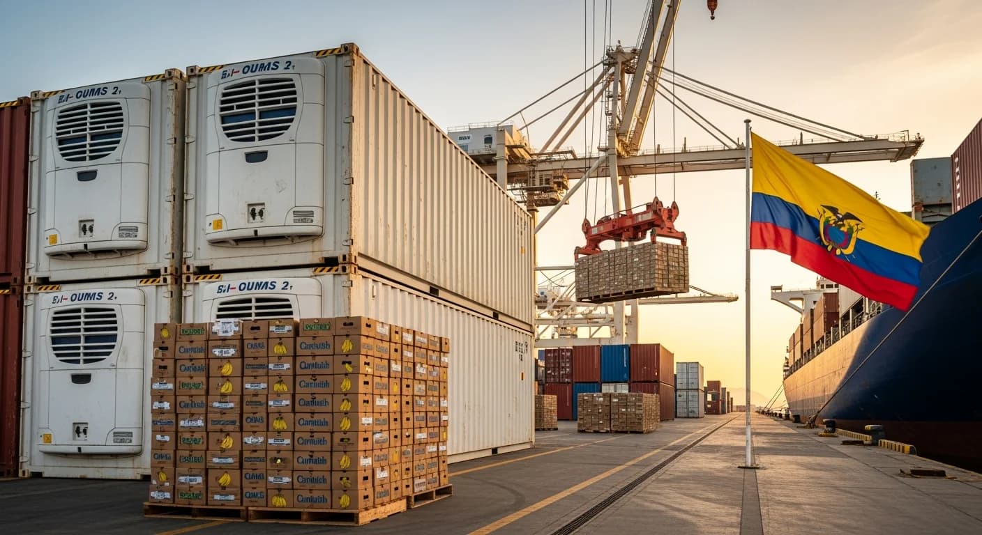 Puerto marítimo de Guayaquil al atardecer con contenedores reefer cargando cajas de banano Cavendish ecuatoriano para exportación a Unión Europea y Estados Unidos