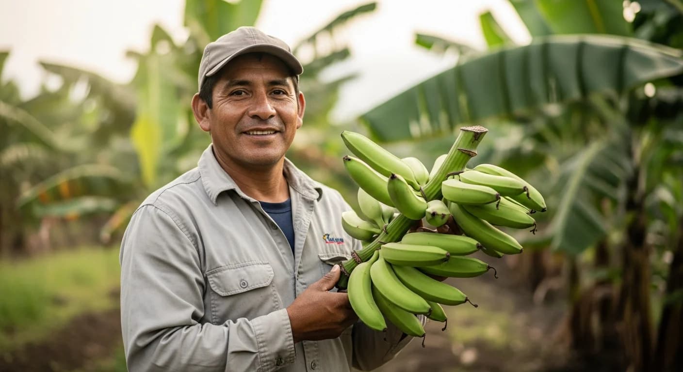 Productor ecuatoriano de banano sonriente en plantación de El Oro sosteniendo racimo Cavendish — acceso a exportadores con PMS 2026 garantizado