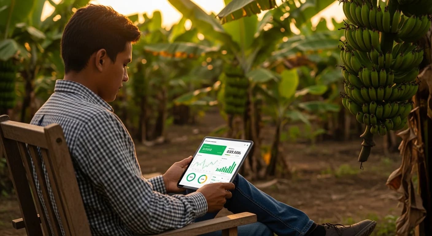 Gráfica dinámica de precio spot de banano Cavendish Ecuador 2026 sobre plantación de El Oro al amanecer con contenedor reefer en puerto de Guayaquil