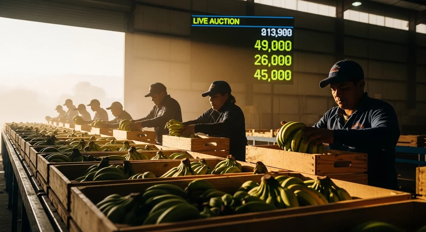 Trabajadores ecuatorianos empacando cajas de banano Cavendish al amanecer con pantalla LED mostrando precios de subasta en vivo en tiempo real