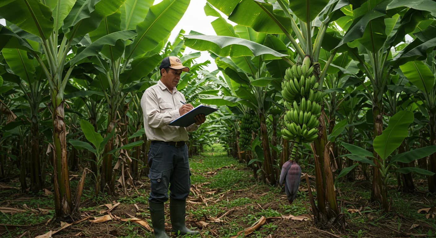 Productor bananero ecuatoriano revisando precios y notas en una plantacion de Cavendish.
