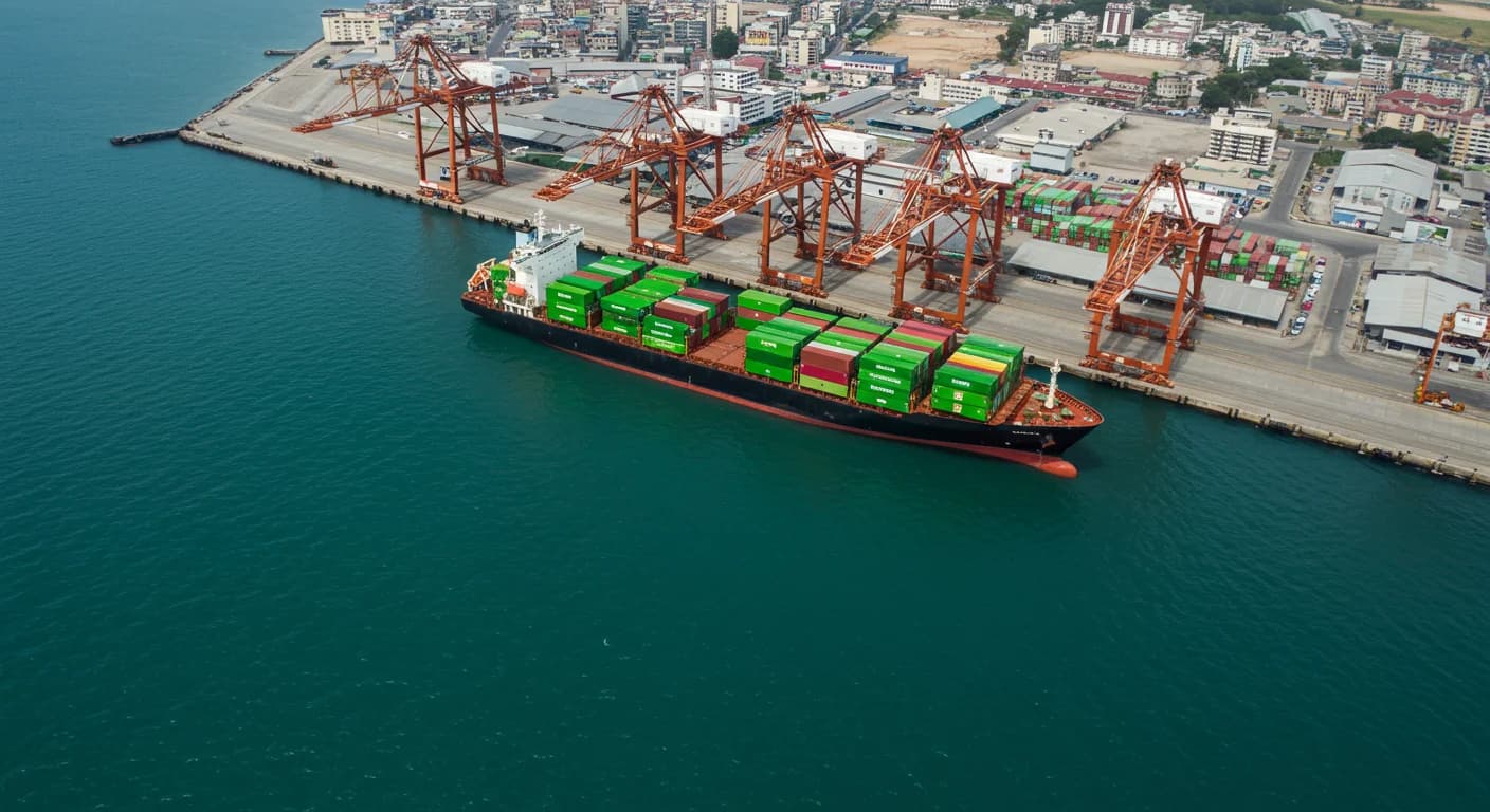 Buque cargado con contenedores de banano ecuatoriano partiendo desde el puerto de Guayaquil.