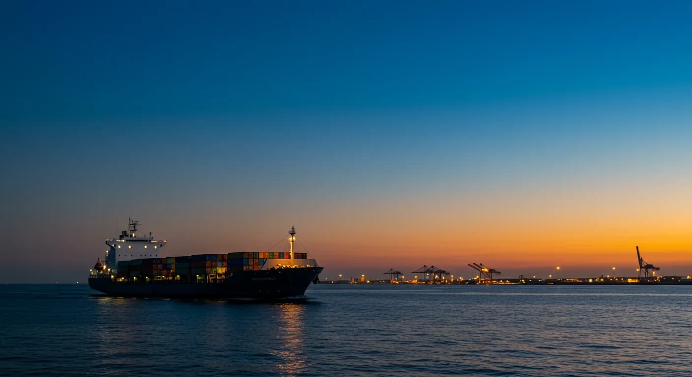 Buque carguero refrigerado con contenedores de banano saliendo de puerto tropical al atardecer