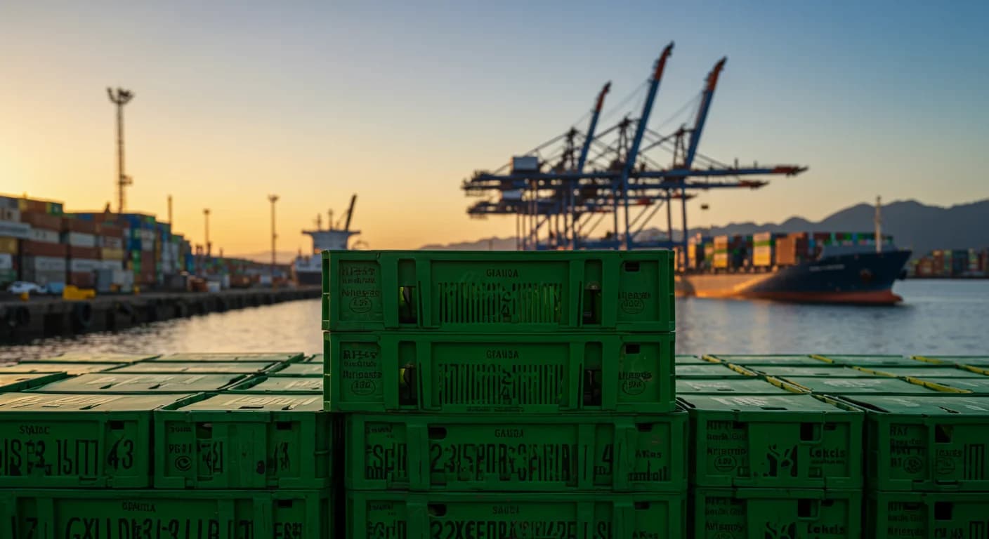 Cajas de banano ecuatoriano apiladas en muelle al amanecer con grua portuaria al fondo