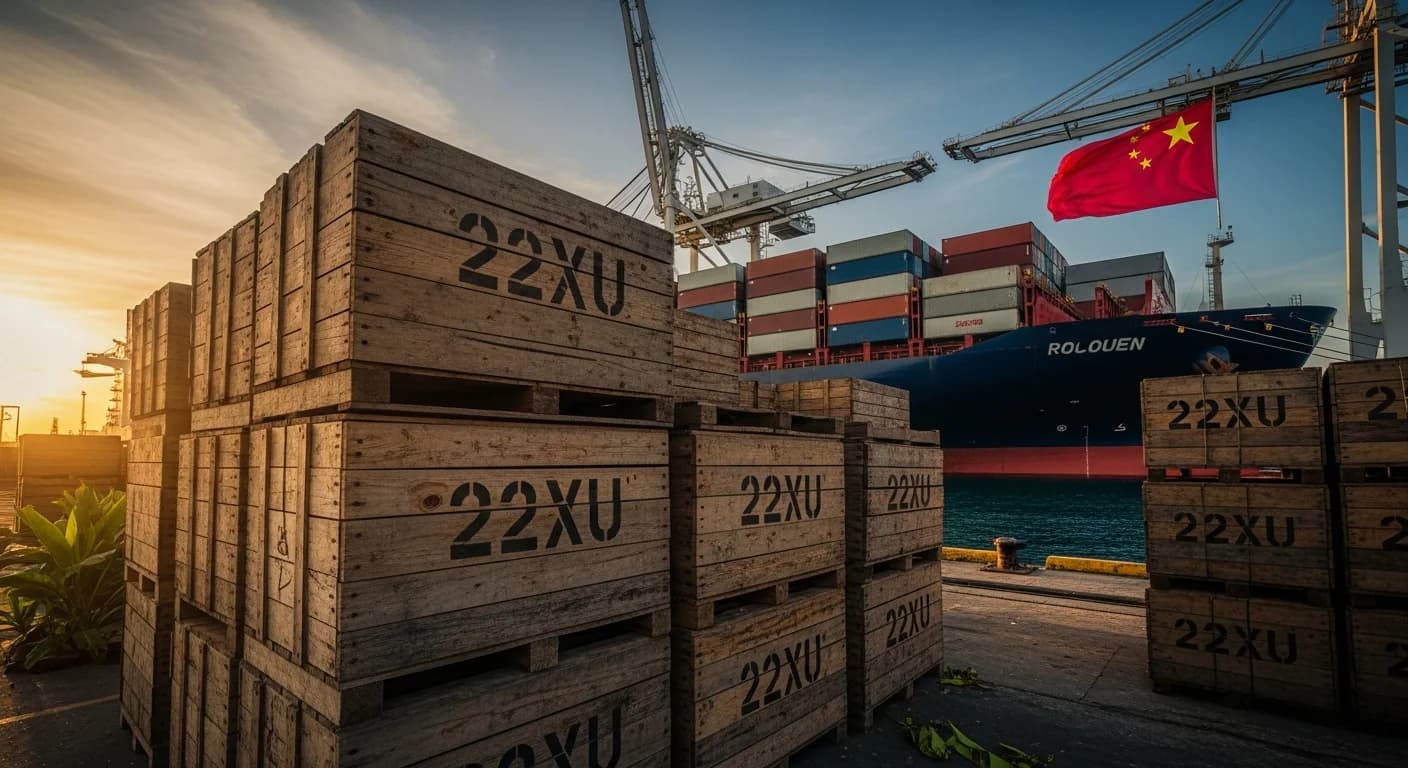 Cajas de banano de exportacion 22XU apiladas en puerto de Guayaquil con buque portacontenedores con bandera china al fondo, ilustrando el crecimiento de exportaciones a China en 2026.