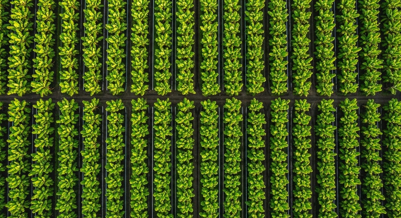 Vista aerea de plantacion de banano Cavendish en Ecuador con plantas alineadas en marco geometrico, ilustrando la densidad de siembra optima 2026.
