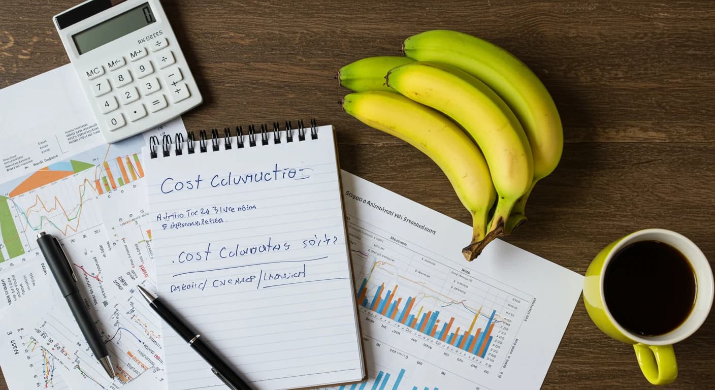 Cuaderno con calculos de costos de produccion banano, calculadora y racimo Cavendish en mesa rustica con luz natural