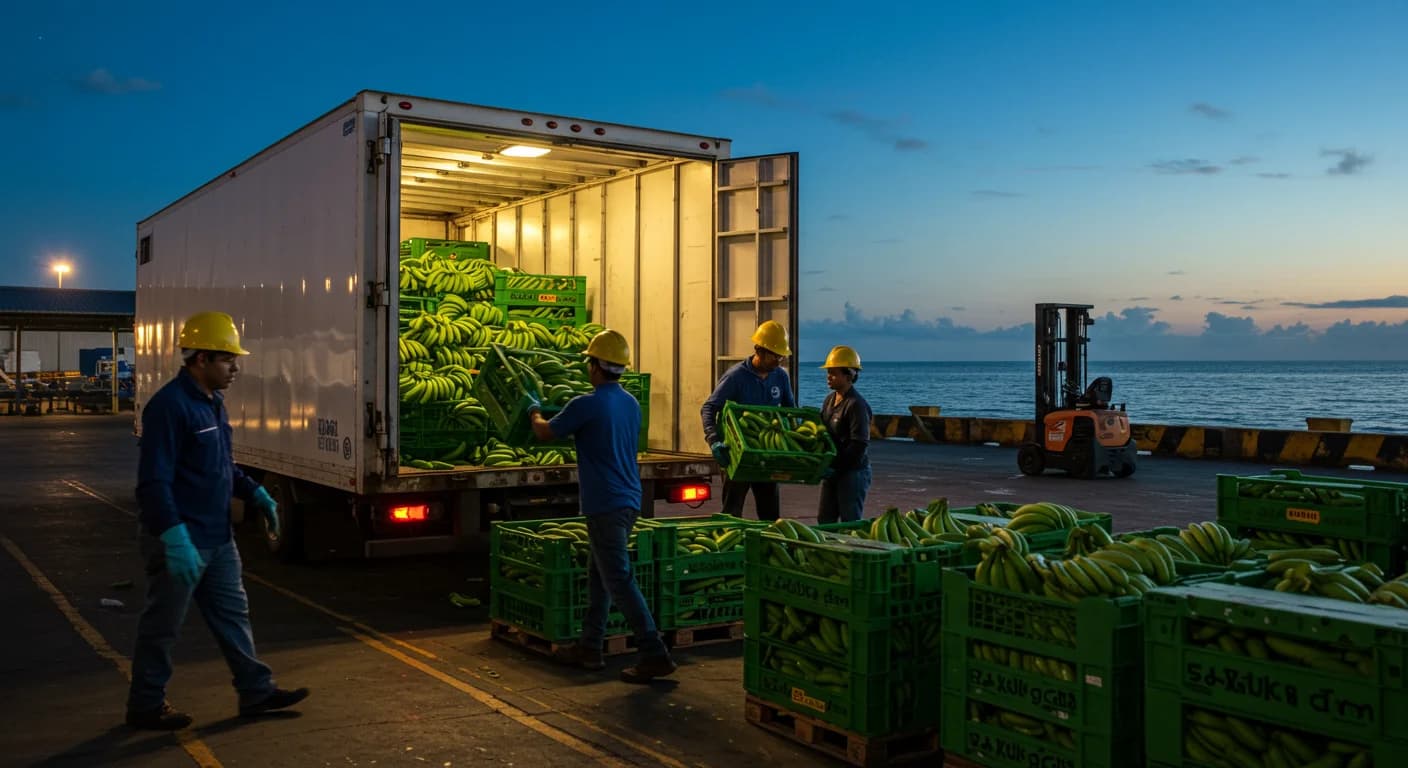 Empacadora bananera ecuatoriana al atardecer cargando contenedor reefer durante toque de queda mayo 2026