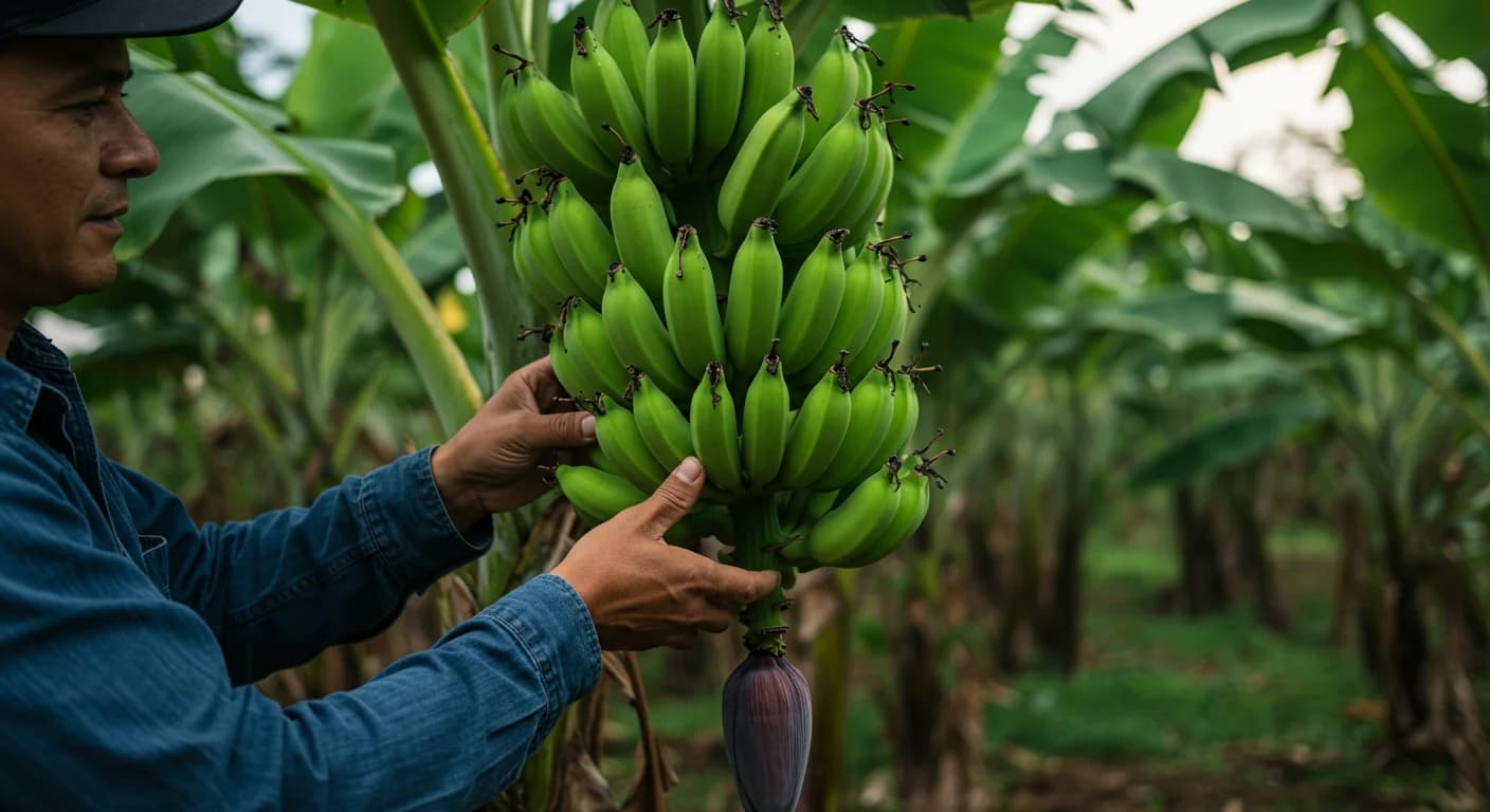 Productor inspeccionando racimo de banano organico certificado en finca de Ecuador
