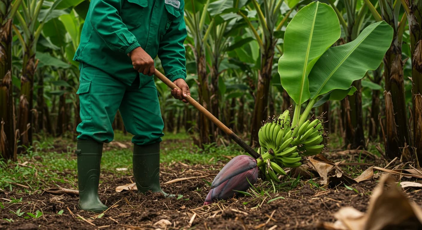 Productor ecuatoriano realizando deshije de banano con palanca al ras del suelo en plantación Cavendish