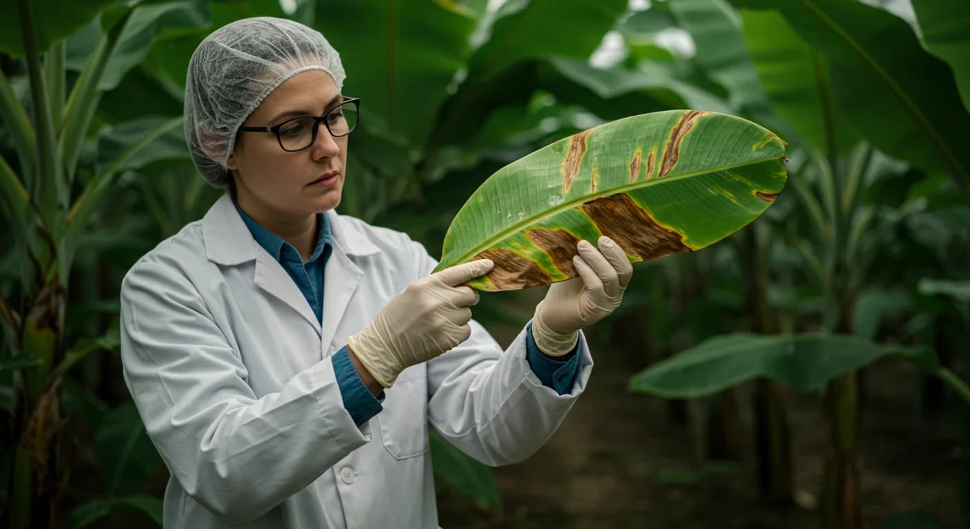 Investigadora analiza síntomas en hoja de banano Cavendish para diagnóstico de Fusarium TR4 en invernadero
