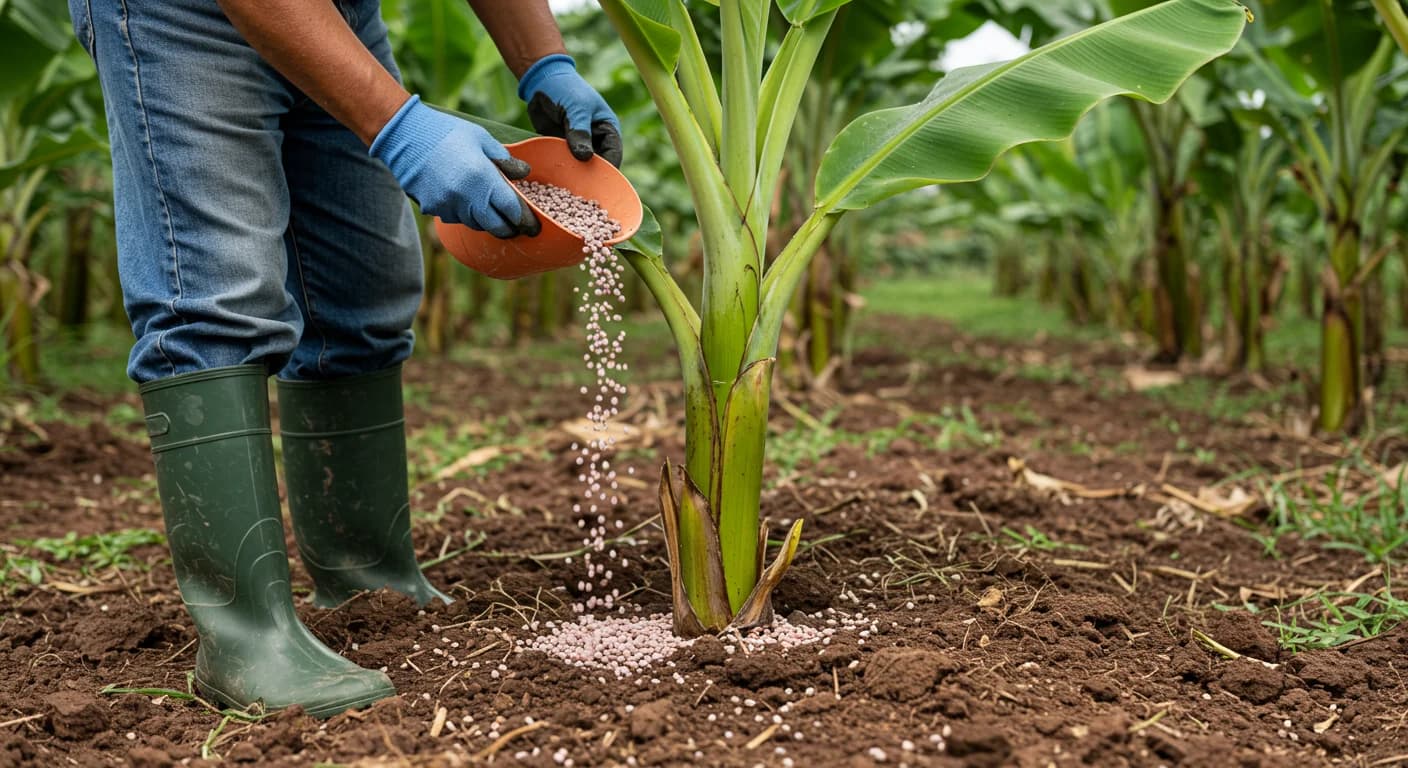 Productor bananero ecuatoriano aplicando fertilizante NPK al pie de planta Cavendish en plantacion El Oro