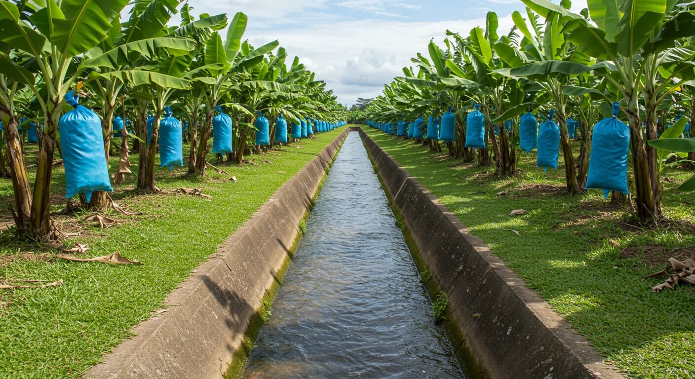 Canal de drenaje primario en plantacion de banano Ecuador con flujo de agua controlado