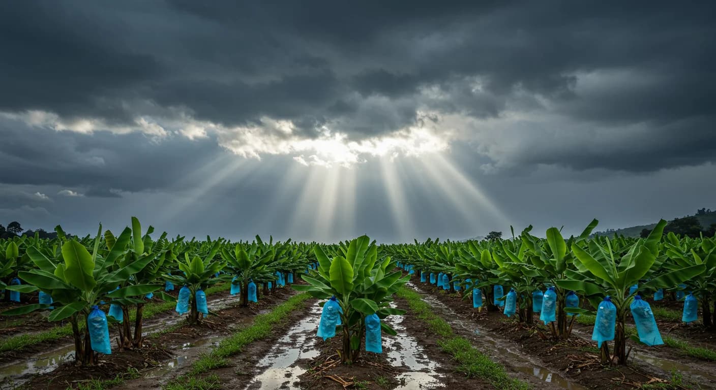 Plantacion de banano Ecuador con cielo tormentoso y nubes cargadas - alerta El Nino 2026
