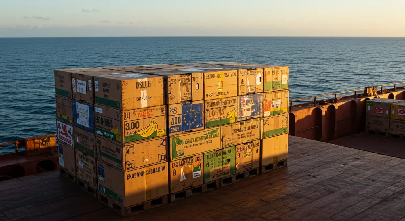 Cajas de banano Ecuador siendo cargadas a buque carguero con destino Union Europea en Puerto Bolivar