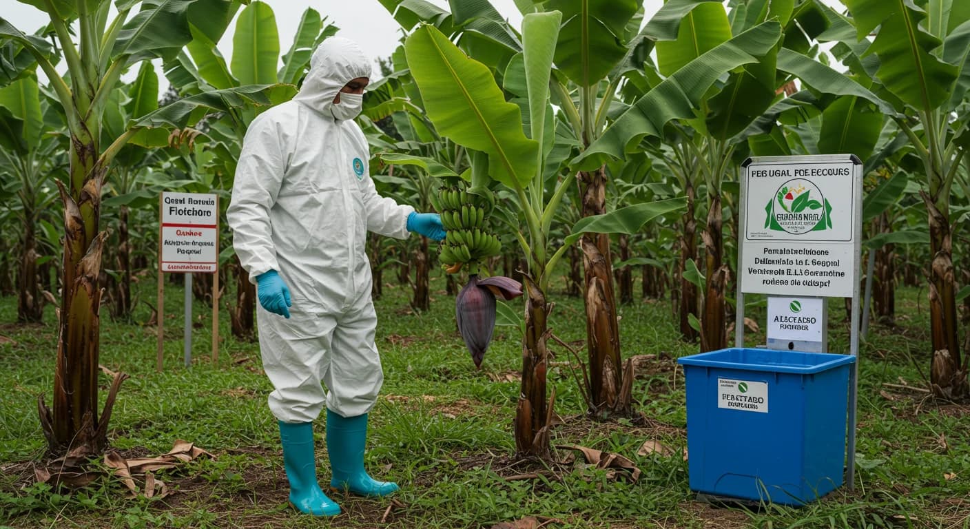 Tecnico en traje de bioseguridad inspeccionando plantacion de banano para deteccion temprana de Moko y Fusarium TR4 en Ecuador