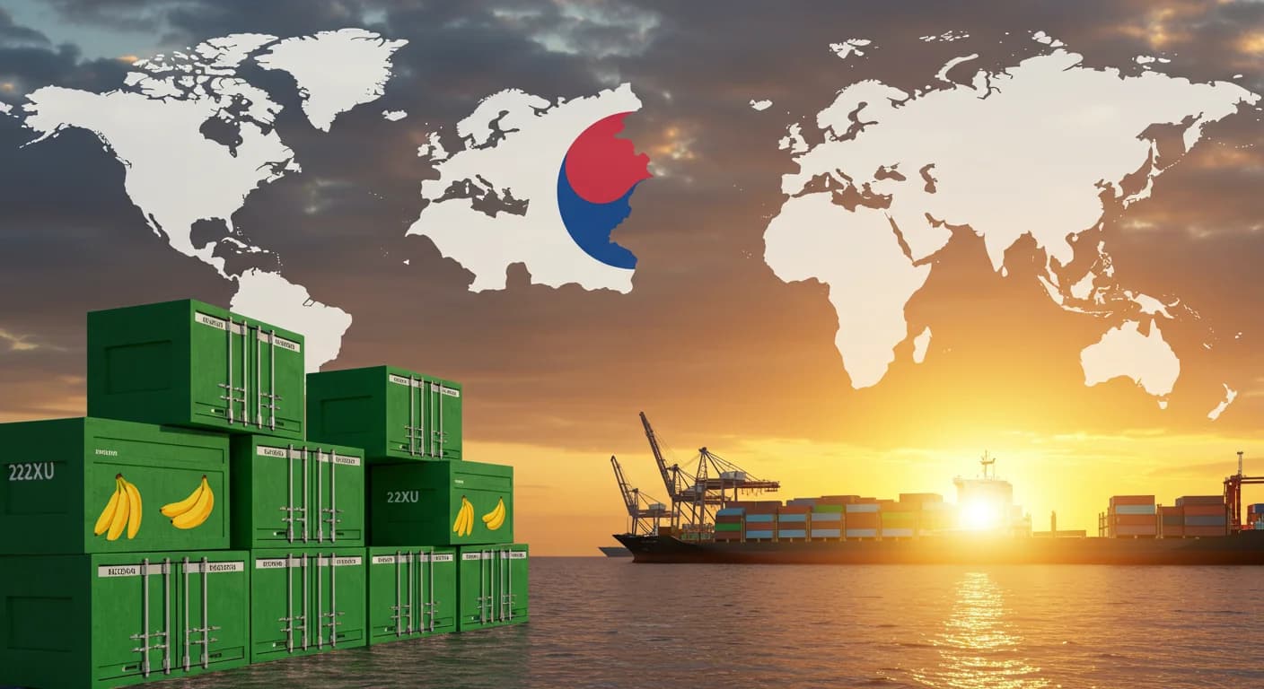 Cajas de banano ecuatoriano 22XU en puerto de exportacion con buque cargo y bandera surcoreana al fondo