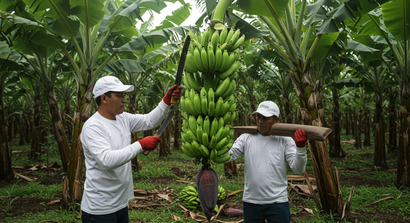 Cosecha tecnica de racimo de banano Cavendish en plantacion ecuatoriana con cuadrilla puyero y colero