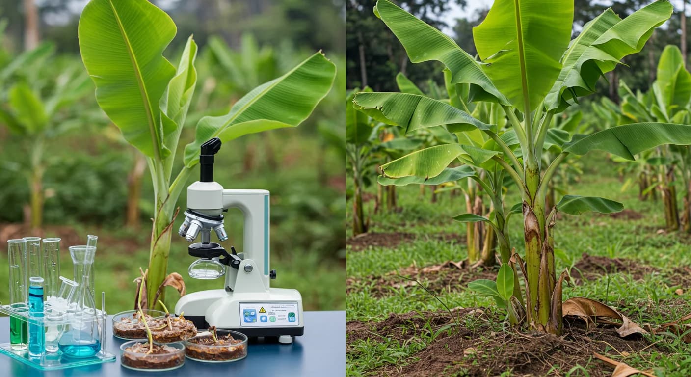 Laboratorio de mejoramiento genetico de banano Cavendish con plantulas in vitro y plantacion de Cavendish saludable al fondo en Ecuador