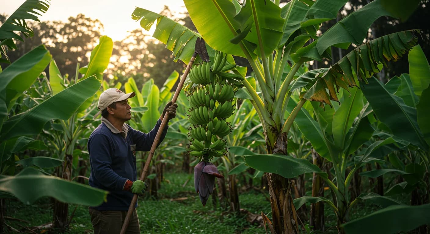 Productor ecuatoriano ejecutando deshoje sanitario en planta de banano Cavendish con deshojador curvo en pertiga