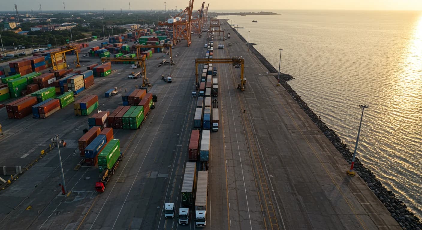 Camiones de banano formando fila hacia las gruas de Puerto Bolivar en El Oro Ecuador, ilustrando presion tarifaria de mayo 2026