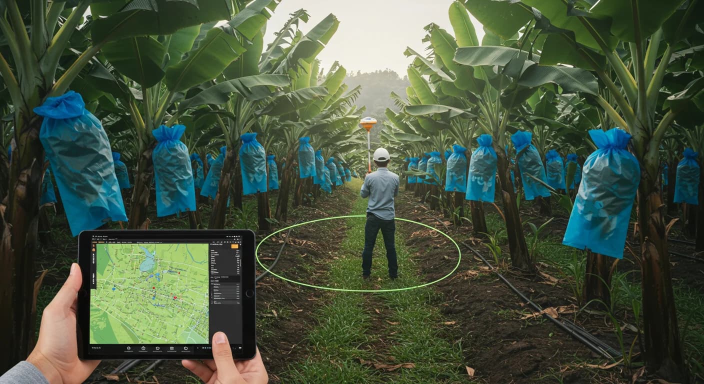 Tecnico levantando poligono GPS con tablet en finca de banano Cavendish Ecuador, guia trazabilidad EUDR 2026