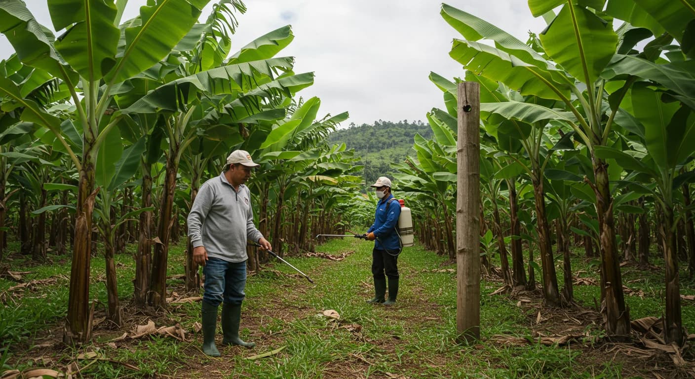 Productor bananero ecuatoriano supervisa protocolos de bioseguridad anti-Moko en finca de El Oro, mayo 2026.
