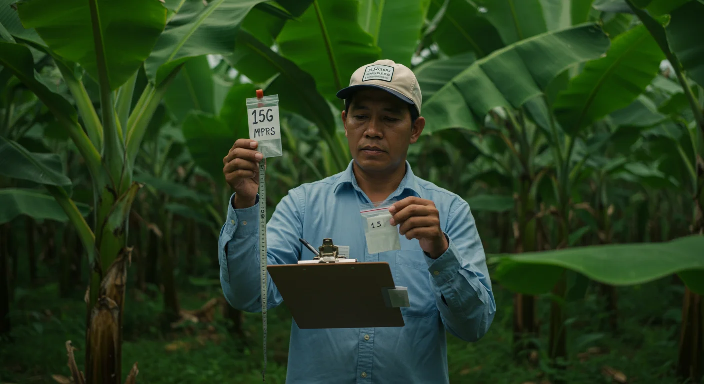 Agronomo tomando muestra de hoja III de banano Cavendish para analisis foliar en finca de Ecuador