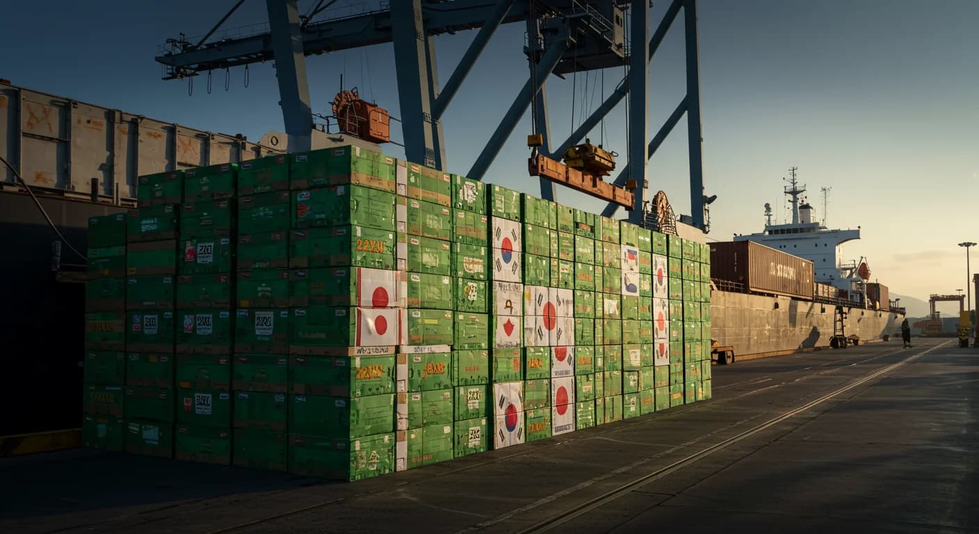 Cajas de banano Cavendish 22XU apiladas en Puerto Bolivar listas para embarque a Asia