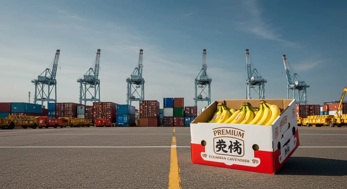 Caja de banano ecuatoriano Cavendish llegando a puerto japones - AEBE negocia acuerdo y rebaja arancel 20% Japon 2026