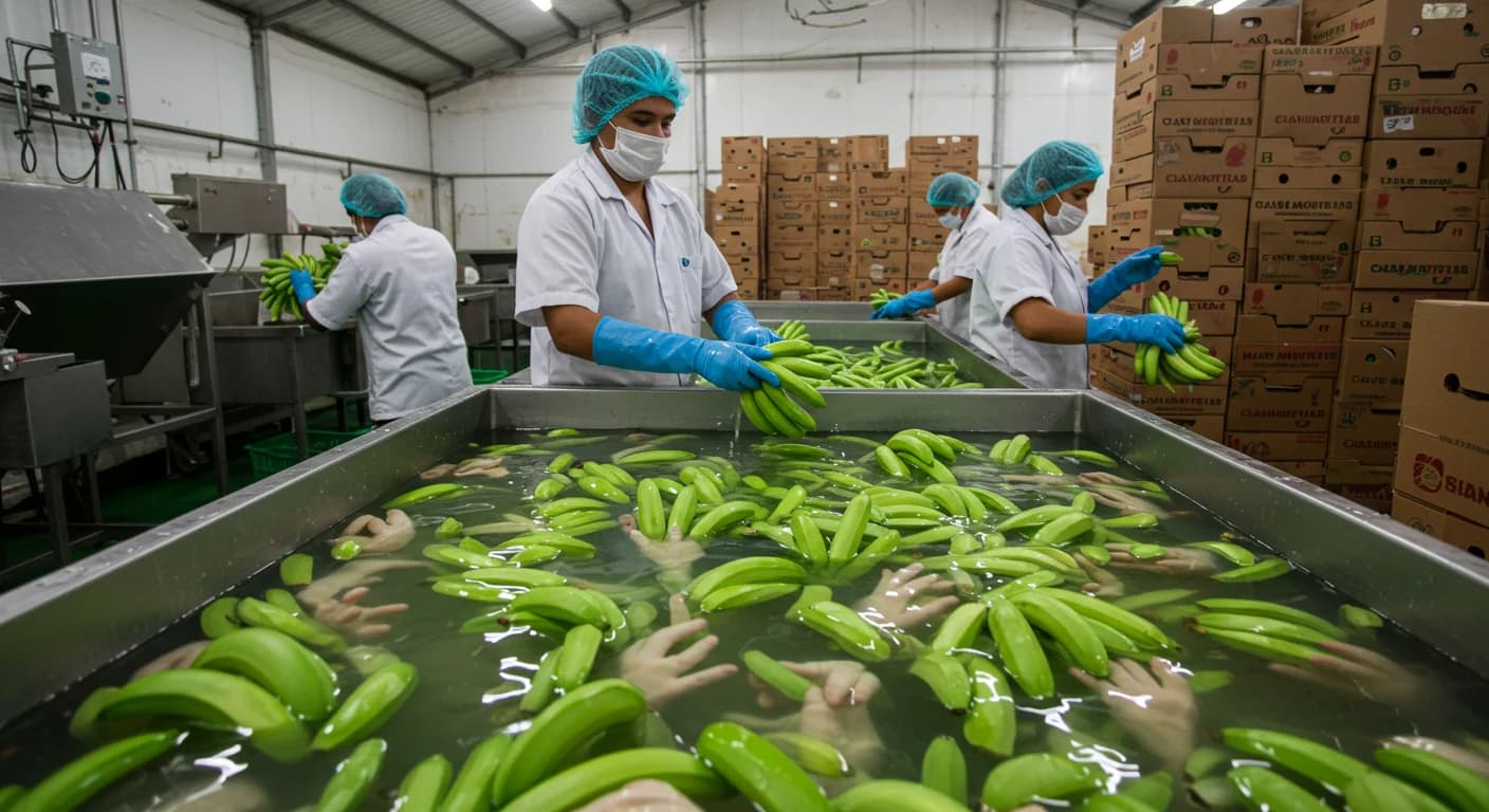 Manos de banano Cavendish en tanques de lavado de acero inoxidable en empacadora ecuatoriana - postcosecha lavado latex empaque 2026
