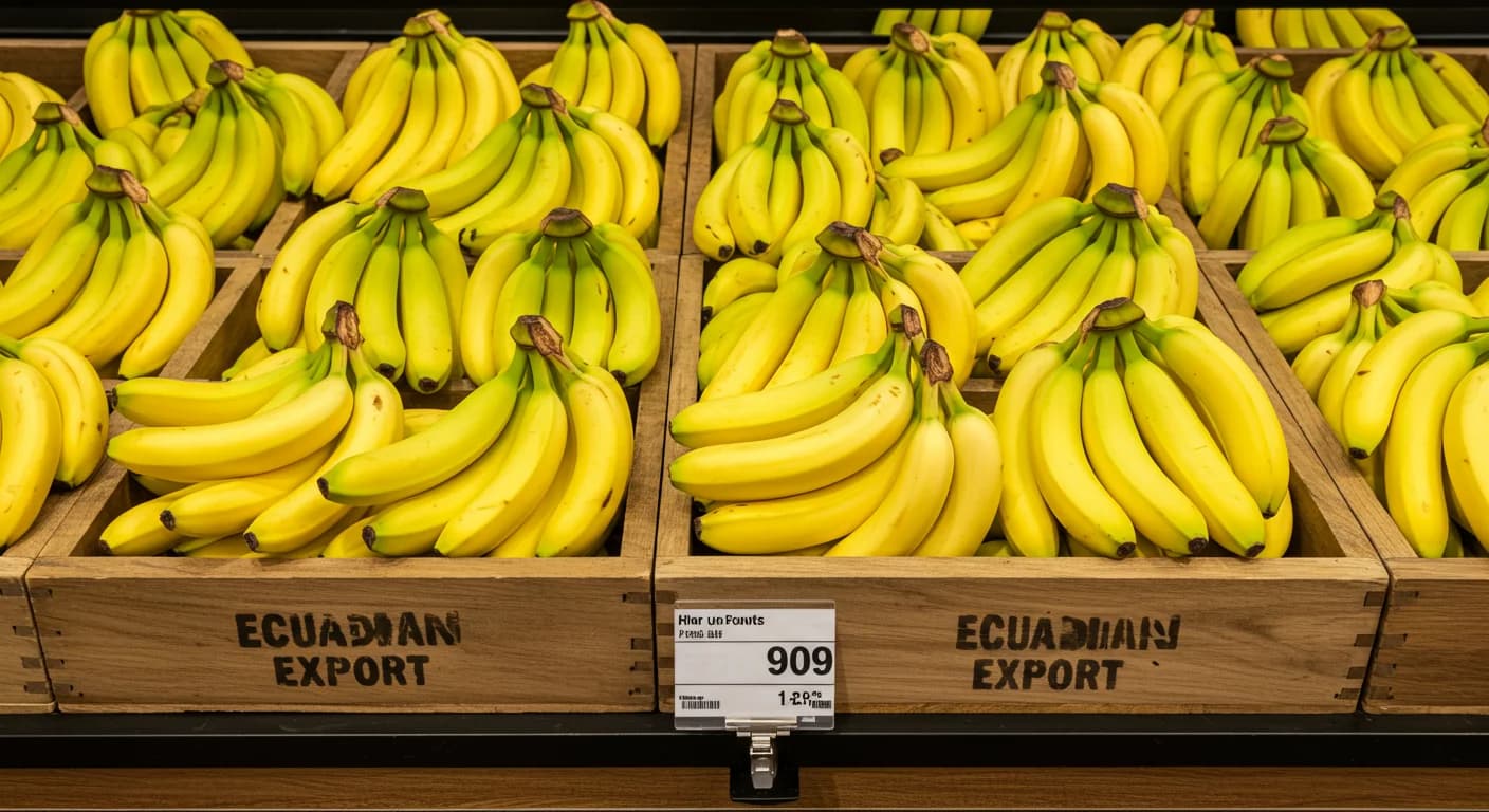 Cajas de banano Cavendish ecuatoriano en supermercado premium de Tokio Japon 2026