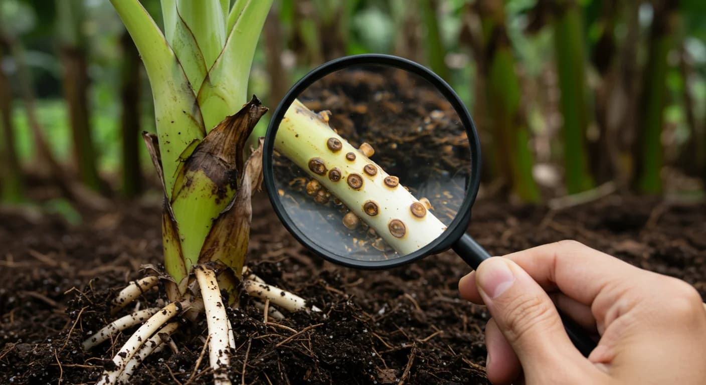 Inspeccion macro de raices de banano Cavendish para deteccion de nematodos Ecuador