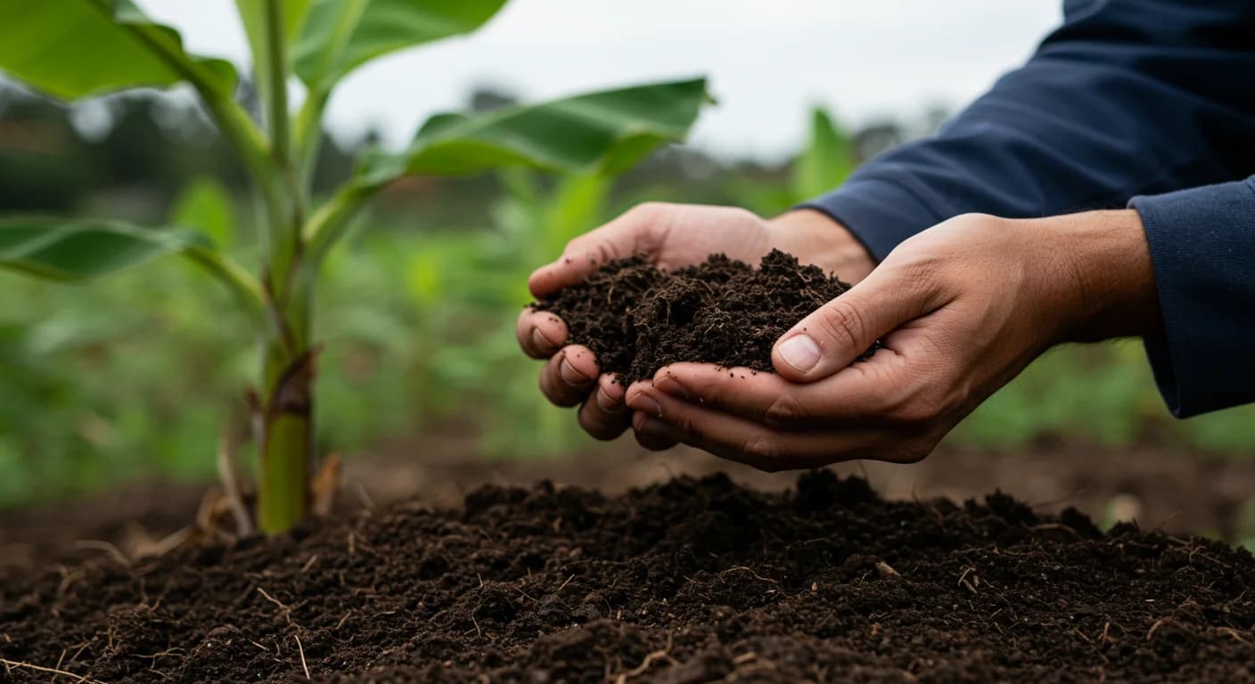 Manos de agronomo sosteniendo muestra de suelo oscuro con plantacion de banano de fondo, guia 2026