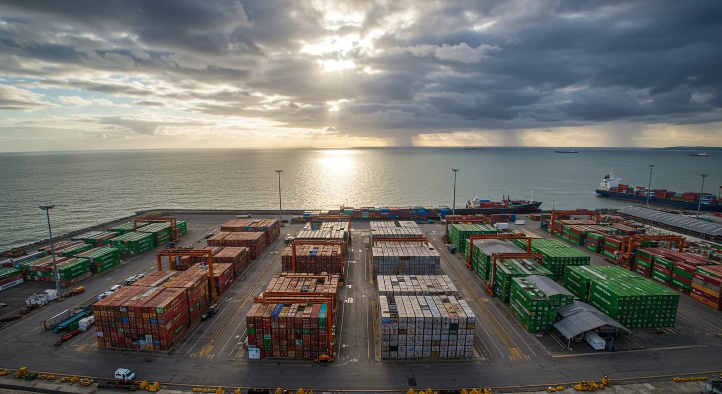 Puerto bananero ecuatoriano con cajas apiladas y barco contenedor, ilustrando la presion logistica del sector banano en mayo 2026