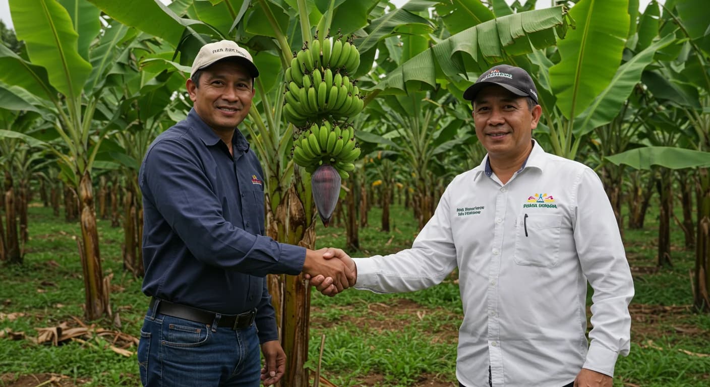 Productor de banano ecuatoriano y representante de exportadora se dan la mano en una finca con plantacion al fondo, evaluacion de contrato 2026