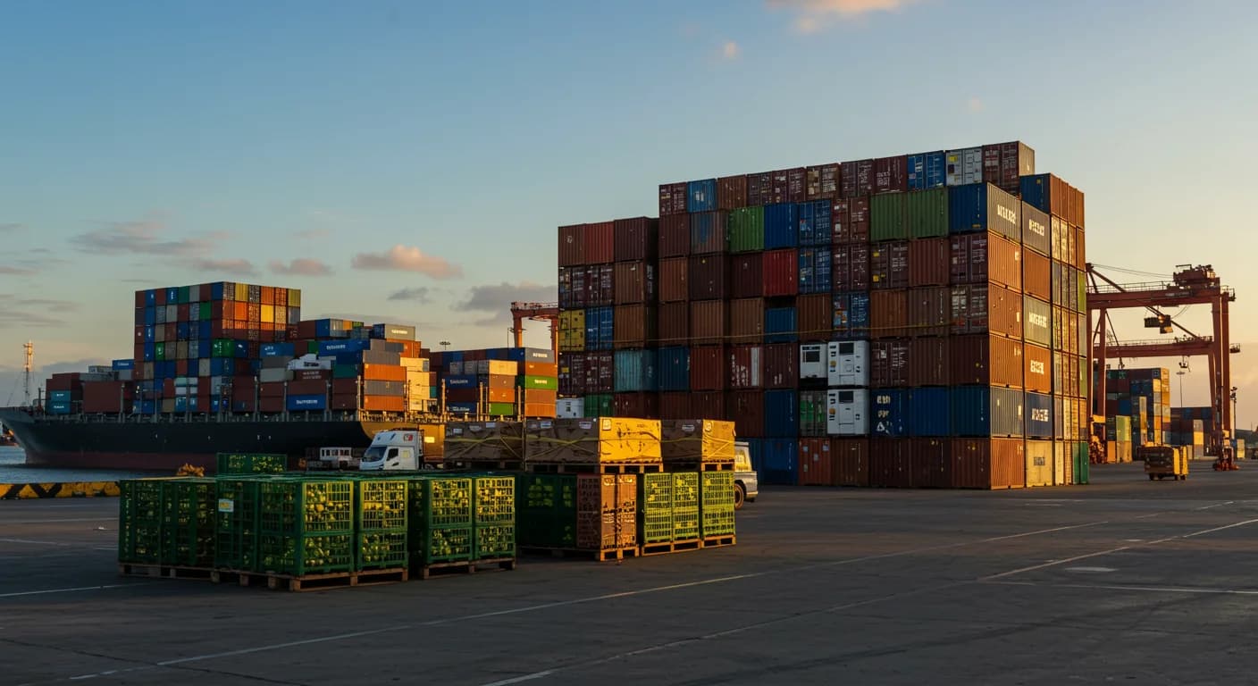 Contenedores refrigerados apilados en Puerto Bolivar Machala Ecuador con buques cargueros al fondo, escasez de reefer mayo 2026