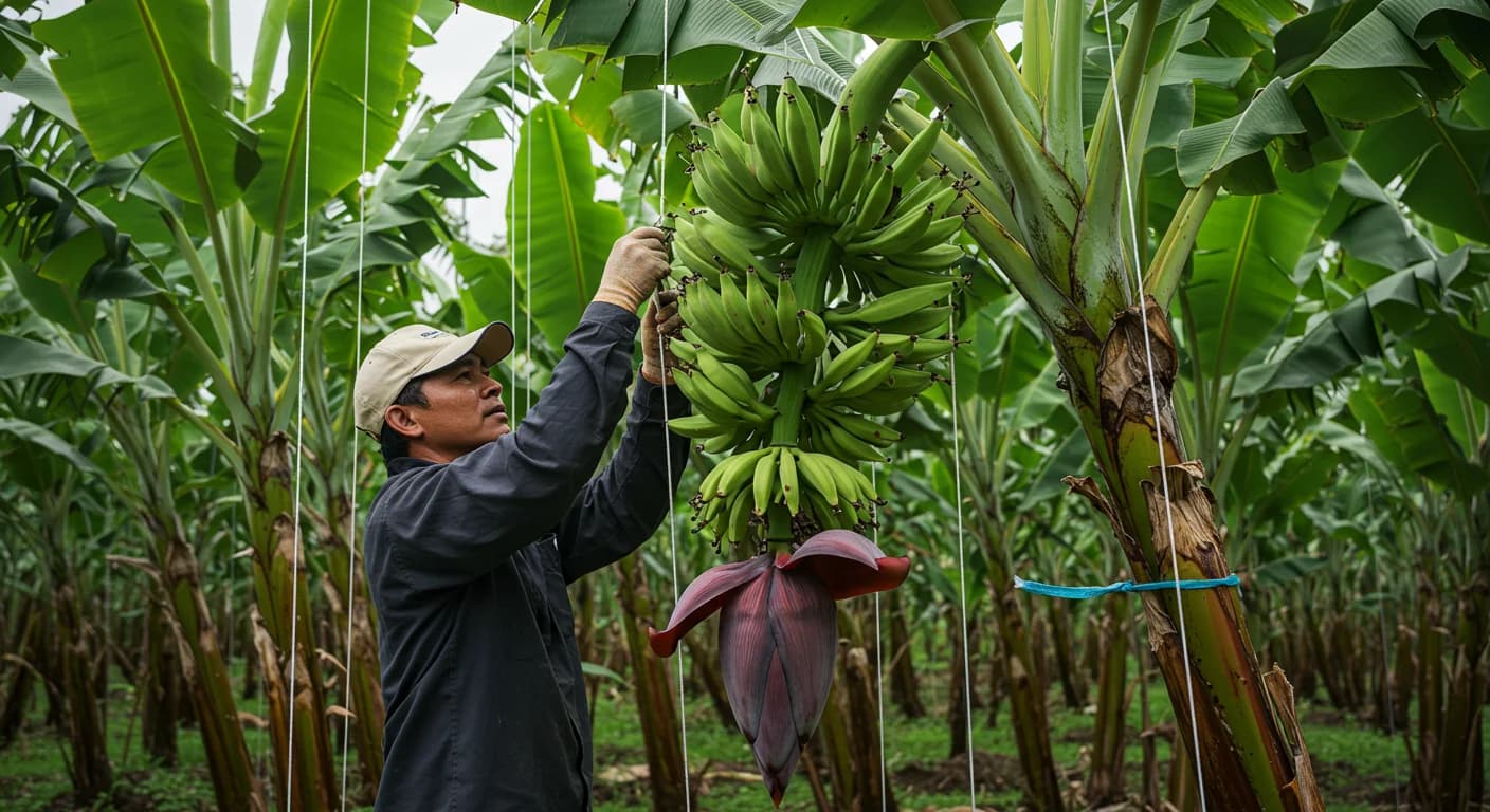 Trabajador bananero ecuatoriano instalando cuerdas de apuntalamiento en planta Cavendish con racimo listo para cosecha