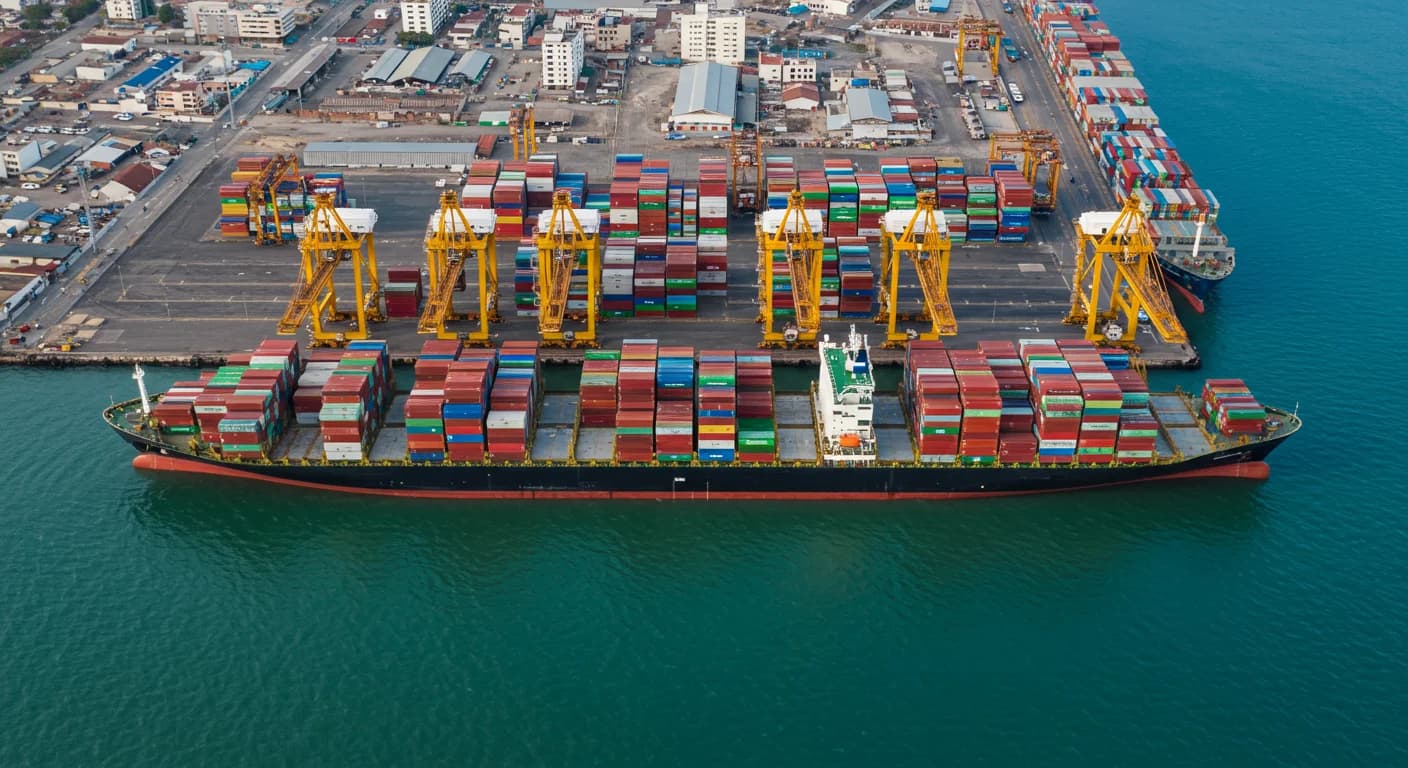 Puerto de Guayaquil cargando contenedores reefer de banano Ecuador con buques navieros al fondo
