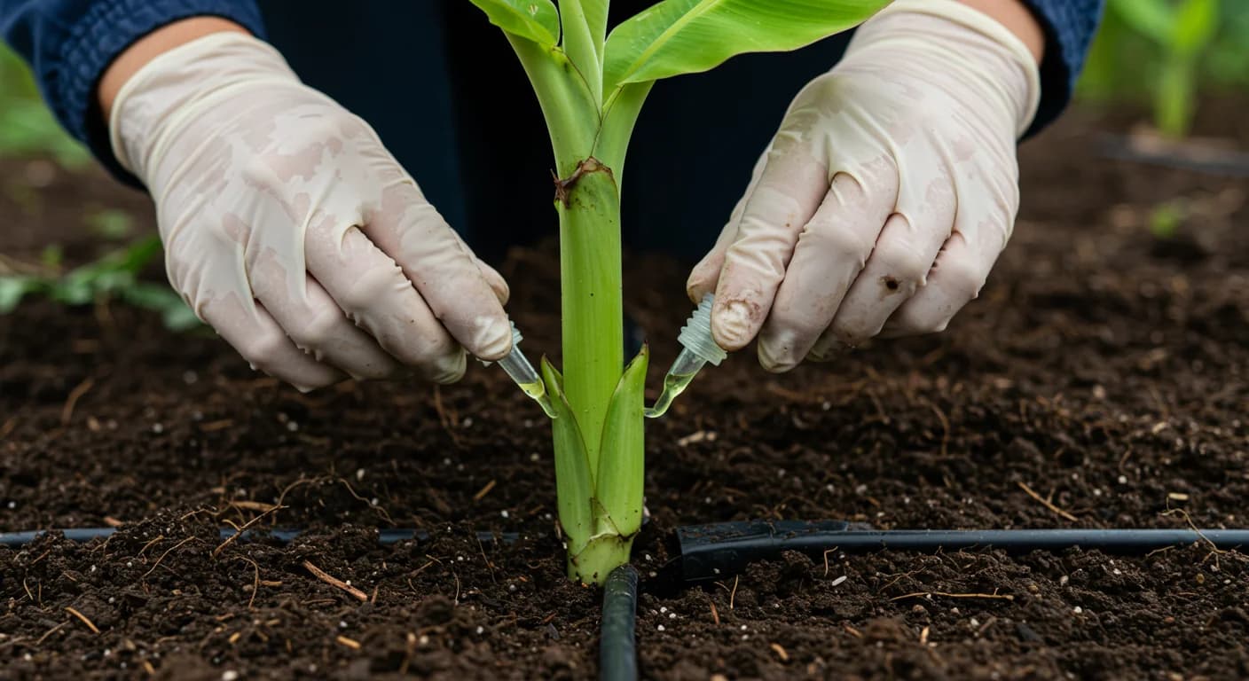 Agronomo aplicando biocontrol Trichoderma al pie de planta de banano Cavendish en Ecuador