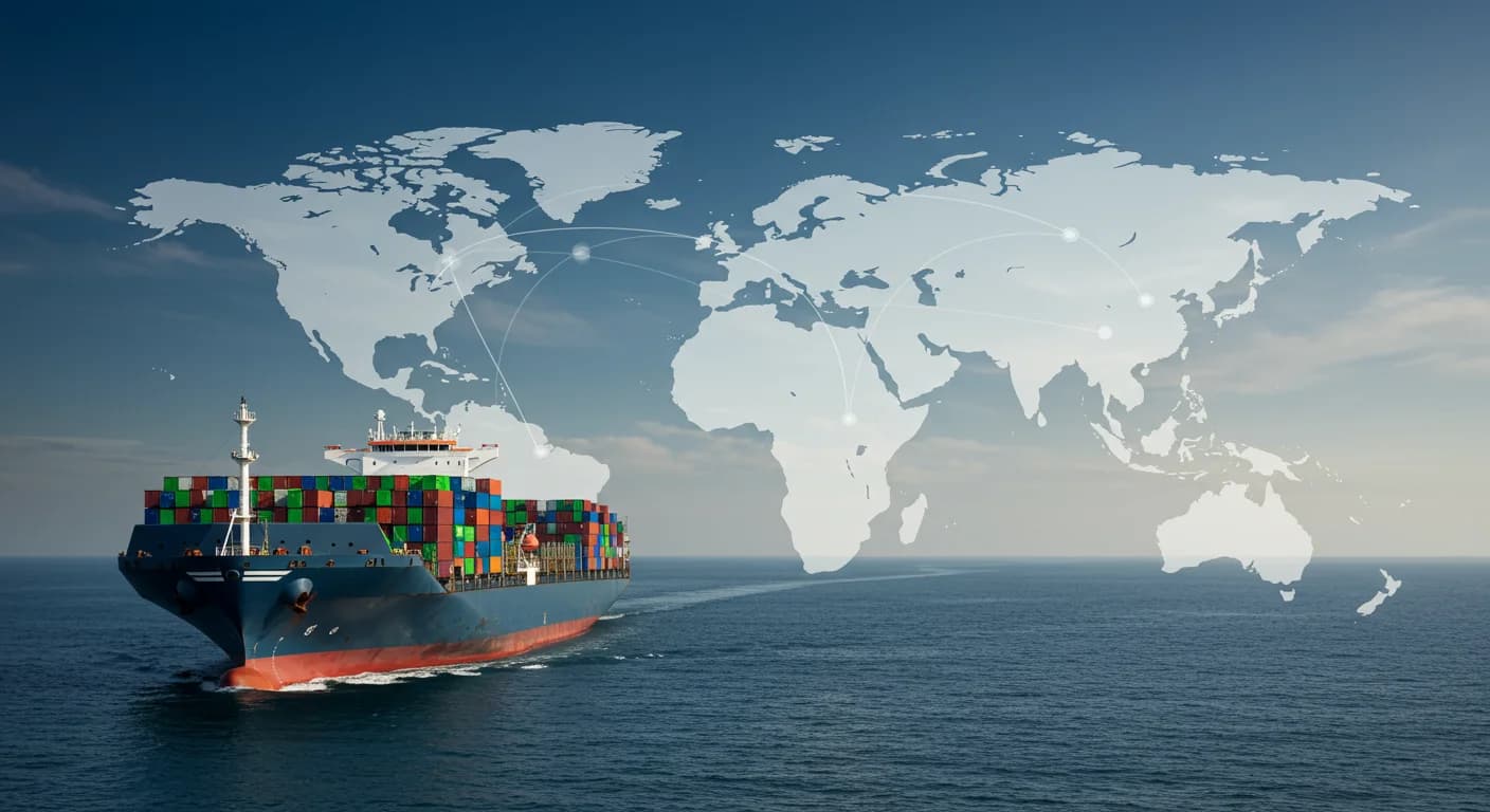 Buque contenedor con reefers de banano sale de Puerto Bolivar Ecuador con mapa de rutas Medio Oriente al fondo