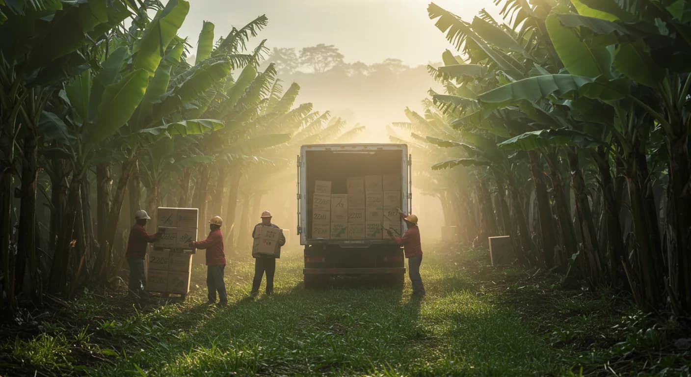 Trabajadores cargan cajas 22XU de banano Cavendish a un contenedor reefer en una plantacion ecuatoriana al amanecer