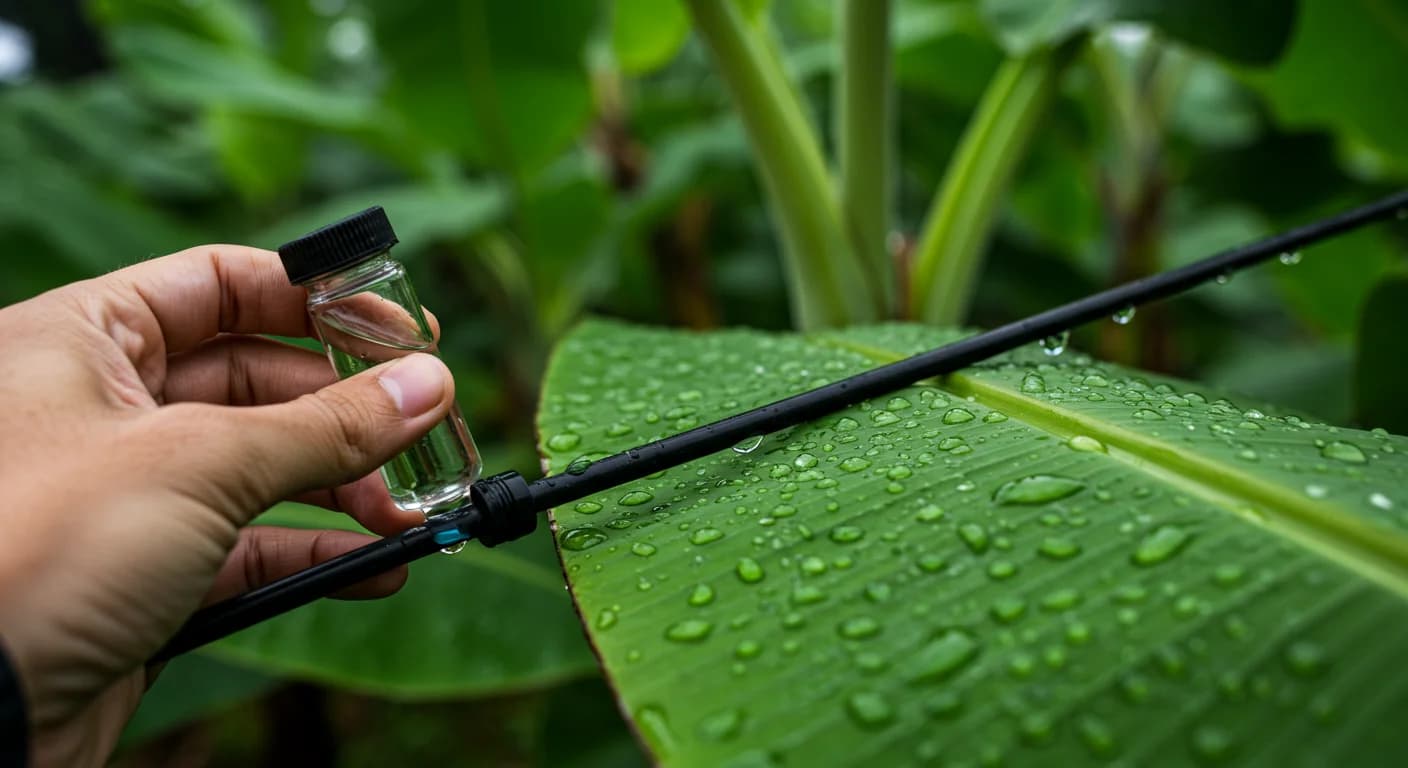 Tecnico bananero tomando muestra de agua de riego en plantacion ecuatoriana con sistema de goteo, junio 2026