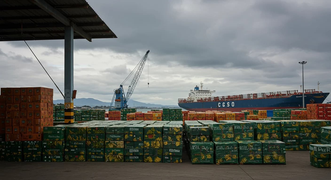 Puerto Bolivar con cajas de banano apiladas y buque reefer evocando sobreoferta semana 23 2026