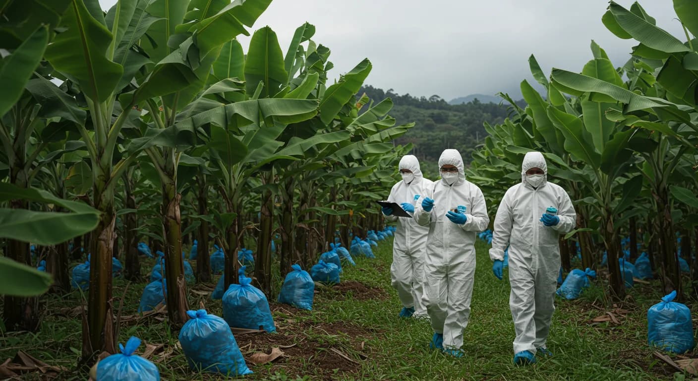 Cientificos en trajes de bioseguridad blancos tomando muestras de suelo en plantacion de banano Cavendish con racimos enfundados azules al fondo, alianza Colombia anti-Fusarium TR4 junio 2026