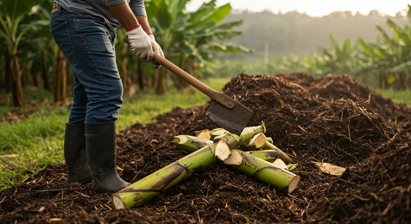 Trabajador de finca bananera ecuatoriana picando raquis y pseudotallo de banano sobre piloma de compostaje, plantacion Cavendish al fondo, sol tropical, junio 2026